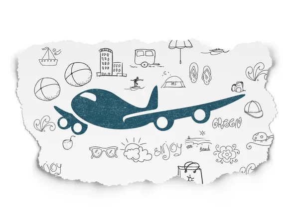 Концепция туризма: Самолет на фоне порванной бумаги — стоковое фото