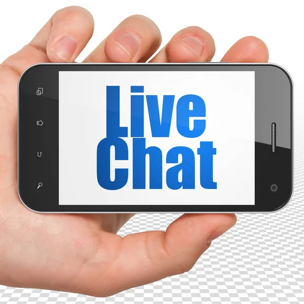 Web utvecklingskoncept: Hand hålla Smartphone med Live Chat på displayen — Stockfoto