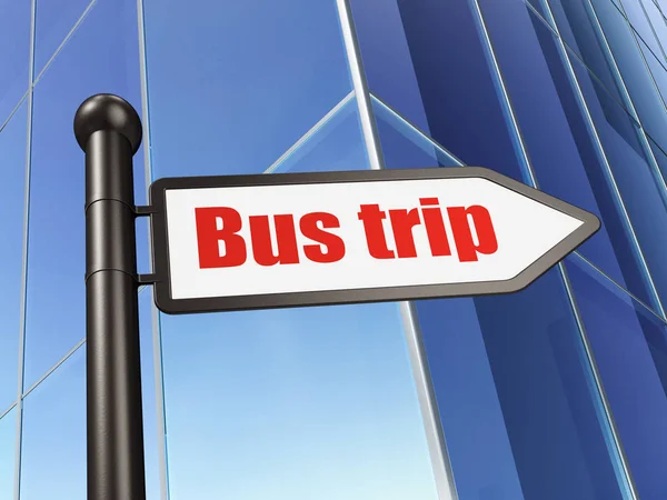 Turism-konceptet: Logga bussresa på bygga bakgrund — Stockfoto