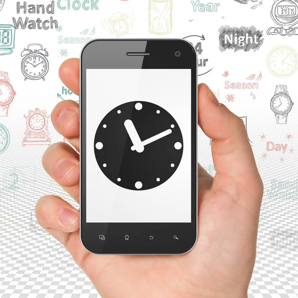 时间概念： 手拿着智能手机上显示的时钟 — 图库照片