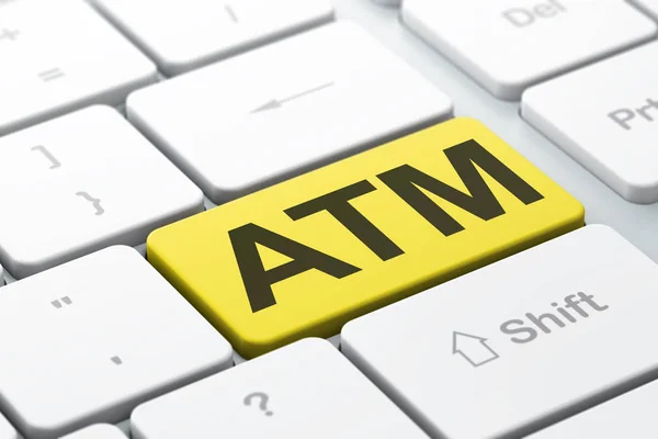 Conceito de dinheiro: ATM no fundo do teclado do computador — Fotografia de Stock