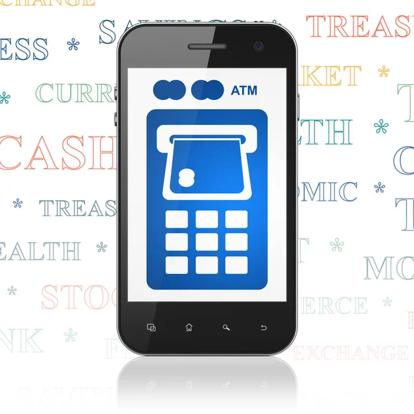 Концепція грошей: Смартфон з банкоматом на дисплеї — стокове фото