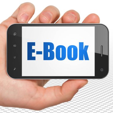 Kavram öğrenme: el Holding Smartphone ile E-kitap üstünde göstermek