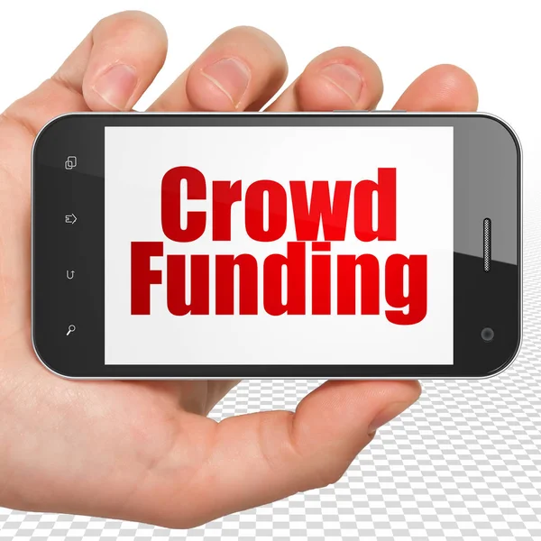 Business concept: Hand Holding Smartphone with Crowd Funding on display — Stock Photo, Image