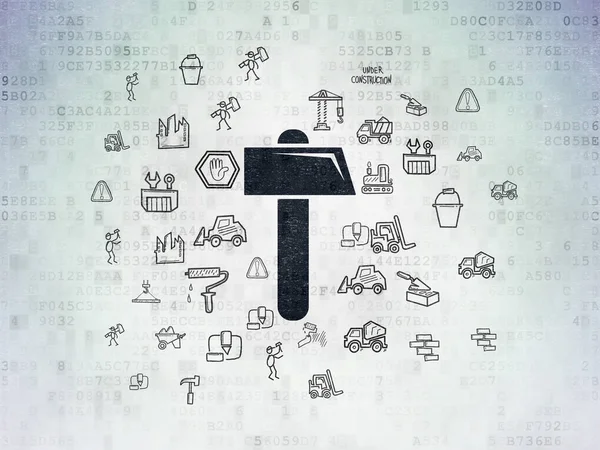 İnşaat kavramı: dijital veri kağıt arka plan üzerinde çekiç