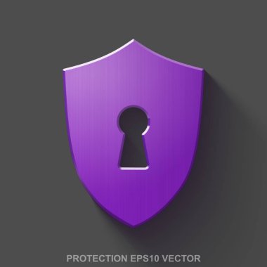 Düz metalik Emanet 3d simgesi. Mor parlak Metal kalkan ile anahtar deliği gri arka plan üzerinde. EPS 10, vektör.