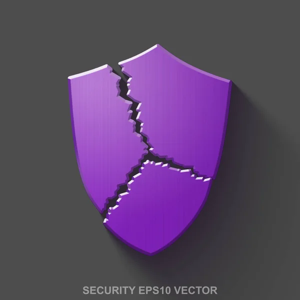 Ícone 3D de segurança metálica plana. Purple Glossy Metal Broken Shield em fundo cinza. EPS 10, vector . — Vetor de Stock