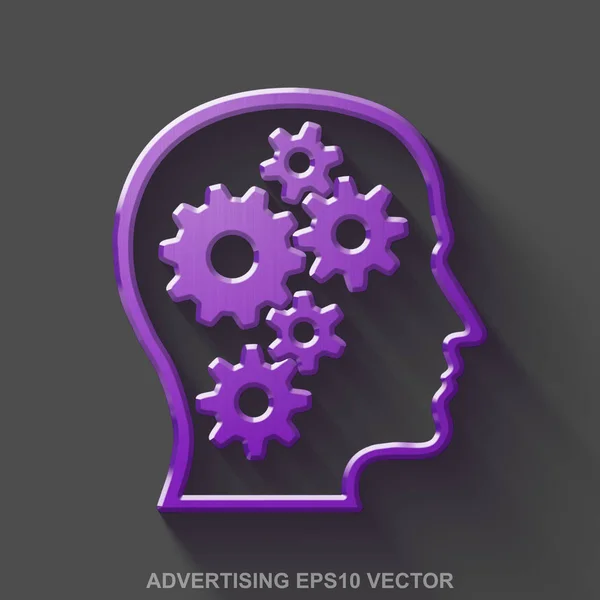Flache metallische Marketing 3D-Ikone. violett glänzender Metallkopf mit Zahnrädern auf grauem Hintergrund. Folge 10, Vektor. — Stockvektor