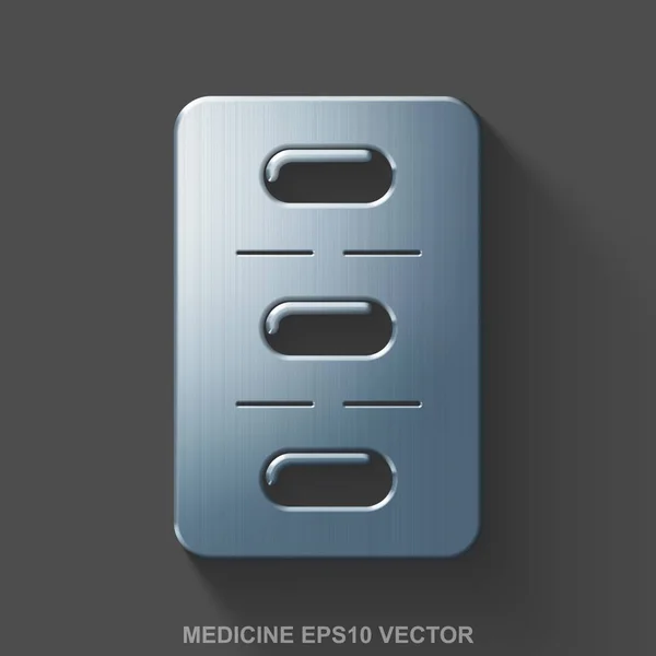 Flache metallische Gesundheit 3D-Symbol. Pillen aus poliertem Stahl blistern auf grauem Hintergrund. Folge 10, Vektor. — Stockvektor