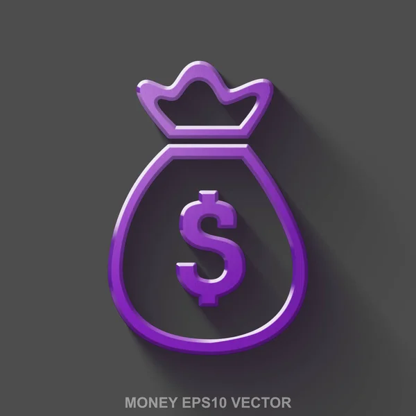 Flaches metallisches Geld 3D-Symbol. lila glänzender Metallgeldbeutel auf grauem Hintergrund. Folge 10, Vektor. — Stockvektor