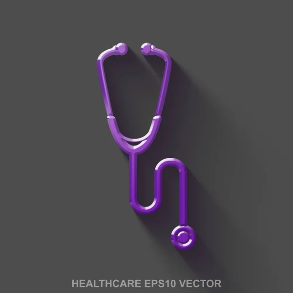 Flache metallische Gesundheits-3D-Ikone. Violett glänzendes Metall-Stethoskop auf grauem Hintergrund. Folge 10, Vektor. — Stockvektor