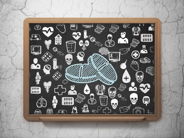 Gezondheidszorg concept: pillen op schoolbestuur achtergrond — Stockfoto