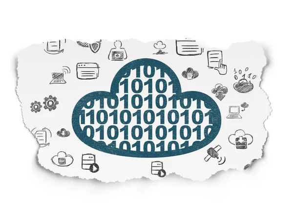 클라우드 네트워킹 개념: 찢어진 종이 배경 코드와 클라우드 — 스톡 사진