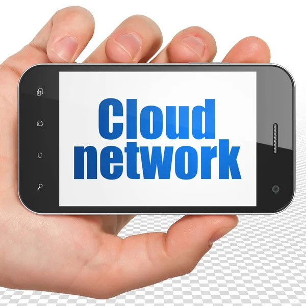 Cloud computing concept: Hand Holding Smartphone met Cloud netwerk op display — Stockfoto