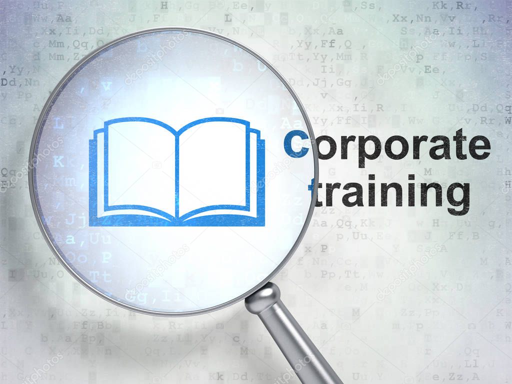 Education concept: Book and Corporate Training with optical glass