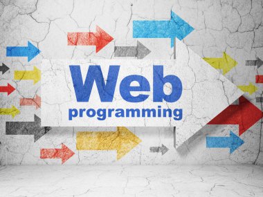 Web geliştirme kavramı: grunge duvar arka plan üzerinde Web programlama ile ok