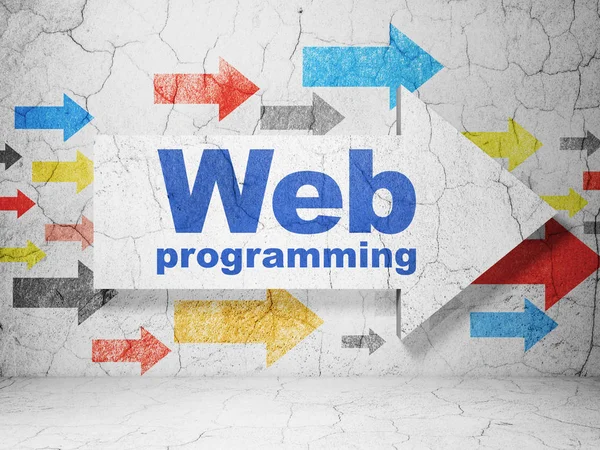 Concepto de desarrollo web: flecha con programación web sobre fondo de pared grunge — Foto de Stock