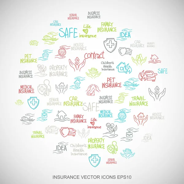 Doodles multicoloridos desenhado à mão Ícones de seguro definido em Branco. Ilustração do vector EPS10 . —  Vetores de Stock