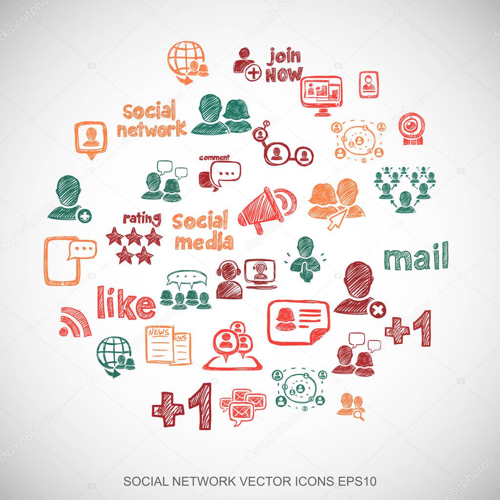 Multicolor doodles Hand Drawn Social Network Icons set on White. EPS10 vector illustration.