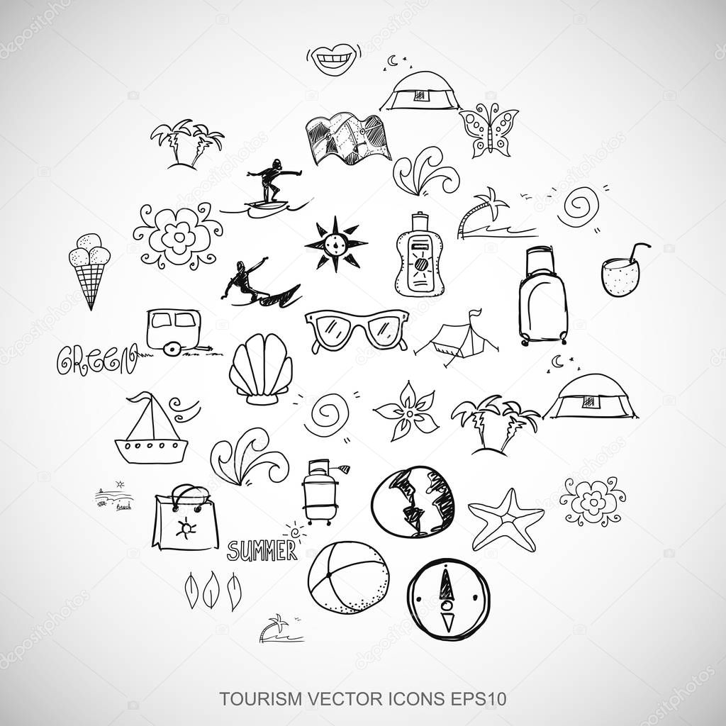 Black doodles Hand Drawn Vacation Icons set on White. EPS10 vector illustration.