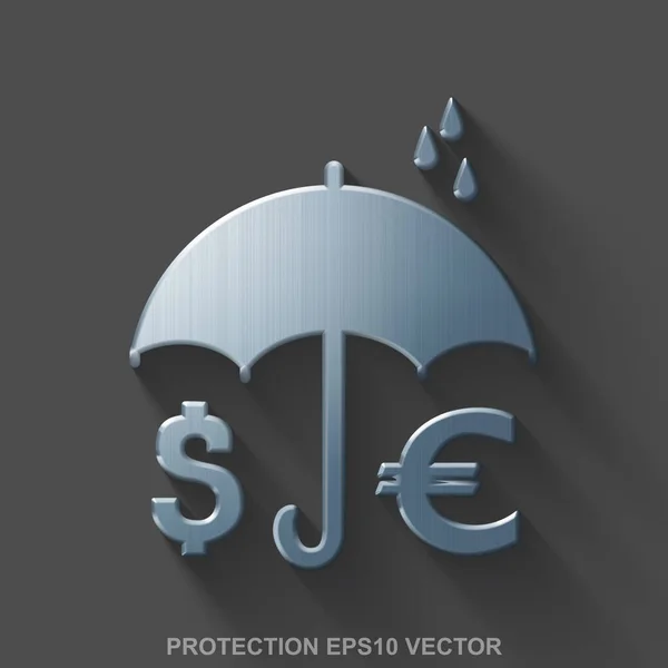 Flache metallische Sicherheit 3D-Symbol. Geld aus poliertem Stahl und Regenschirm auf grauem Hintergrund. Folge 10, Vektor. — Stockvektor