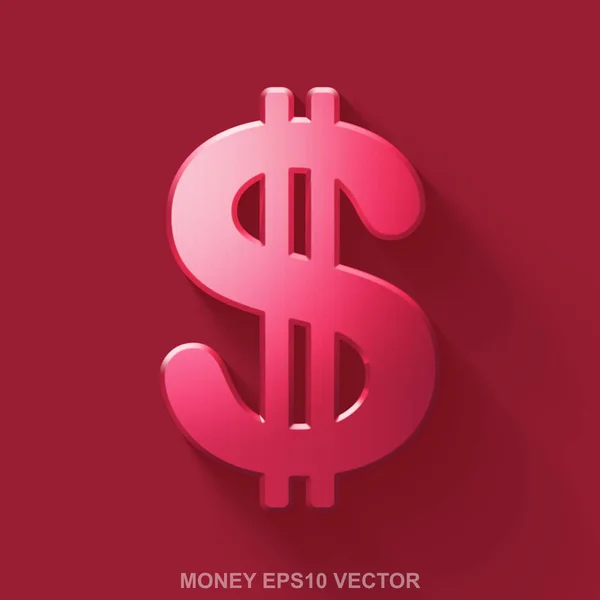 Plat metalen valuta 3d pictogram. Rood glanzend metaal Dollar op rode achtergrond. EPS-10, vector. — Stockvector