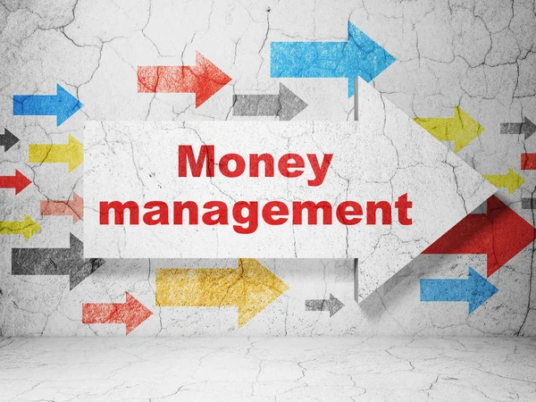Bankenkonzept: Pfeil mit Geldmanagement auf Grunge-Wand-Hintergrund — Stockfoto