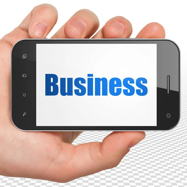 Üzleti koncepció: kéz tartja Smartphone-val üzleti a kijelzőn — Stock Fotó