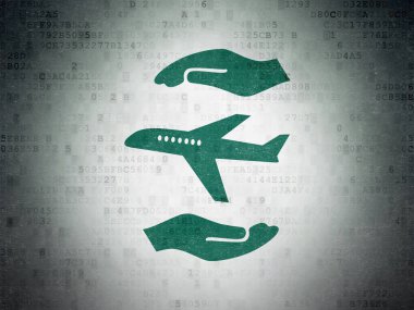 Sigorta kavramı: dijital veri kağıt arka plan üzerinde uçak ve Palm