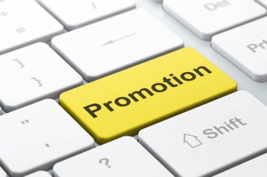 Pazarlama kavramı: bilgisayar klavye arka plan üzerinde promosyon