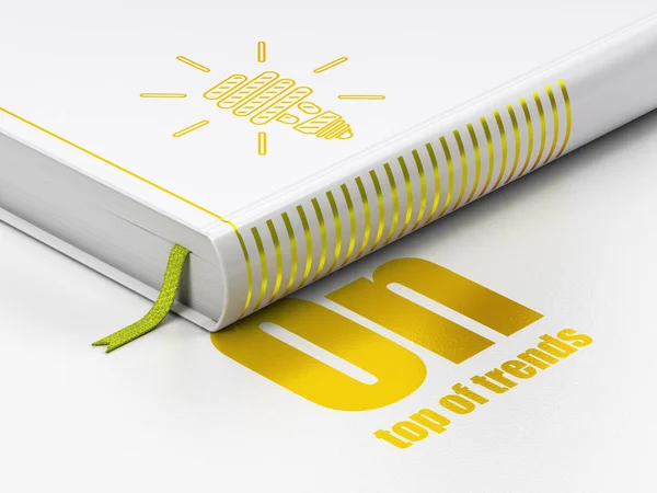 Concept d'entreprise : livre Energy Saving Lamp, On Top des tendances sur fond blanc — Photo