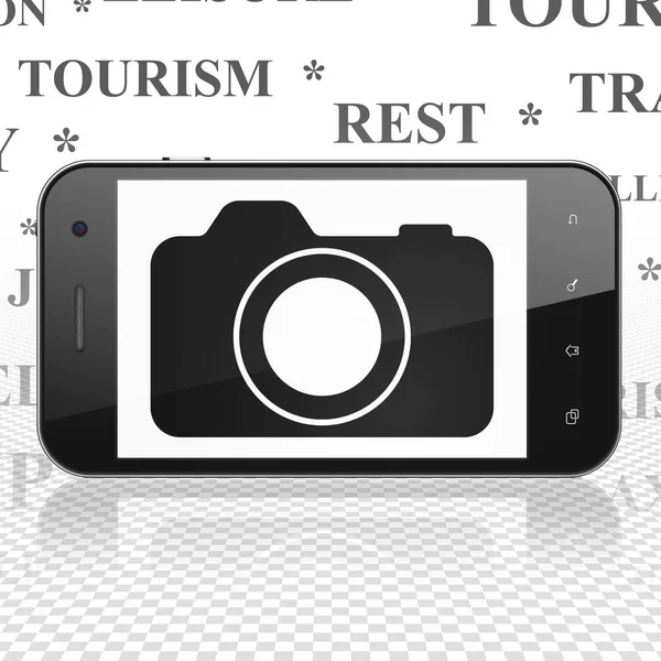 여행 컨셉: 스마트폰 디스플레이에 사진 카메라 — 스톡 사진