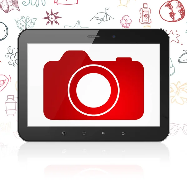 Koncepcję wakacji: komputer typu Tablet z aparatu fotograficznego na wyświetlaczu — Zdjęcie stockowe