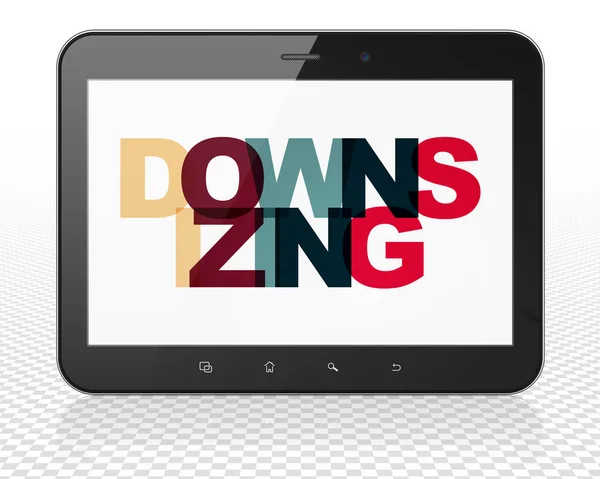 Conceito de financiamento: Tablet PC com Downsizing em exibição — Fotografia de Stock