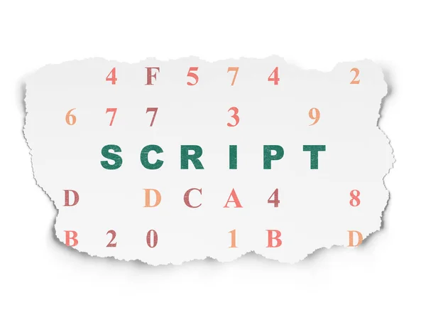 プログラミング概念: 引き裂かれた紙の背景にスクリプト — ストック写真