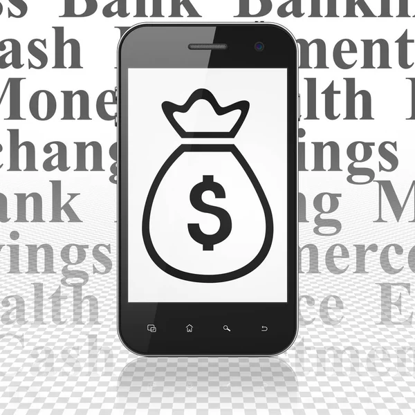 银行概念： 智能手机与钱袋子上显示 — 图库照片