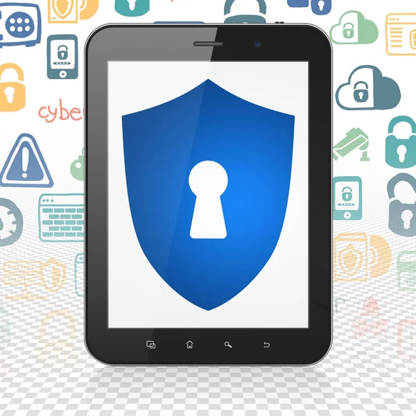 Protection concept: Tablet Computer with Shield With Keyhole on display — Stock Photo, Image