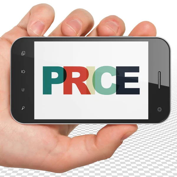 Marketingkonzept: Smartphone mit Preisanzeige in der Hand — Stockfoto
