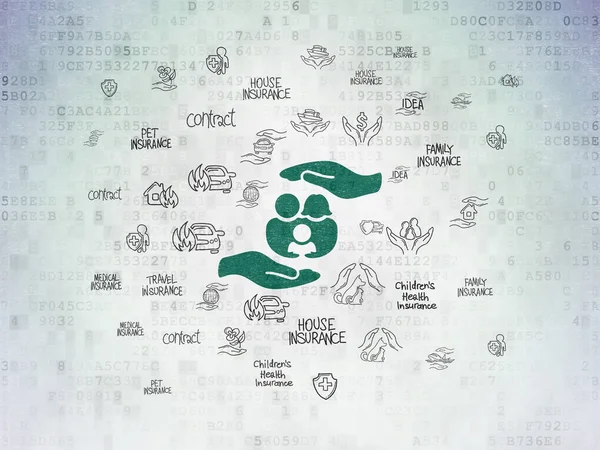 Sigorta kavramı: Dijital Veri Kağıdı arkaplanındaki Aile ve Avuç İçi