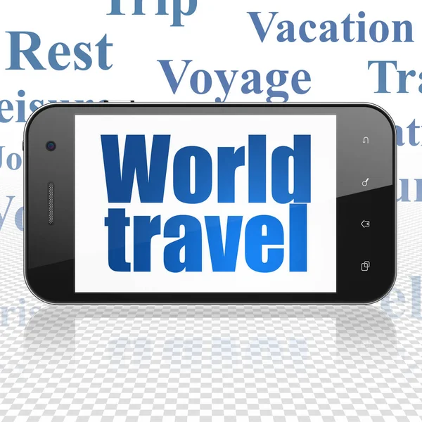 Concepto de vacaciones: Smartphone con World Travel en pantalla —  Fotos de Stock