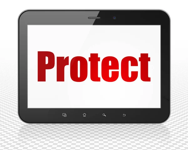 Veiligheidsconcept: Tablet Pc-Computer met Protect tentoongesteld — Stockfoto