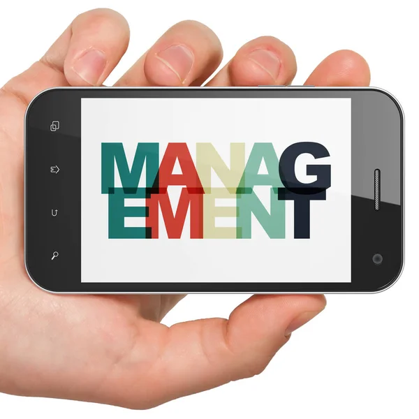 Finanzierungskonzept: Smartphone mit Management in der Hand auf dem Display — Stockfoto