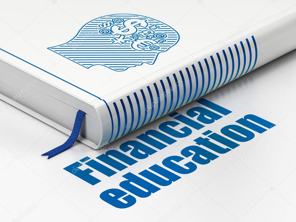 Studying concept: book Head With Finance Symbol, Financial Education on white background