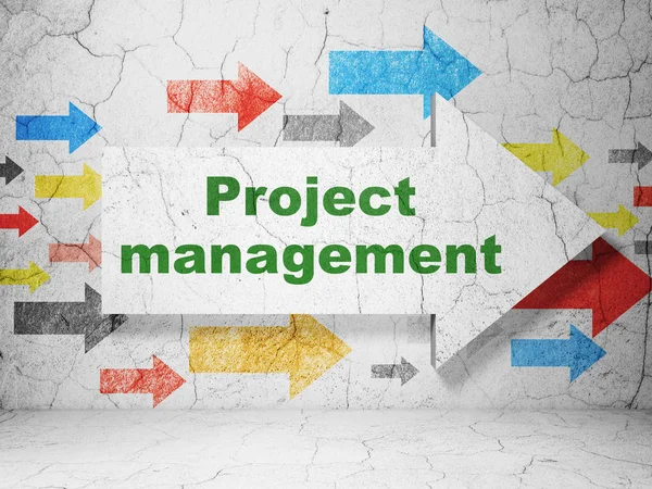 Concepto financiero: flecha con gestión de proyectos sobre fondo de pared grunge — Foto de Stock
