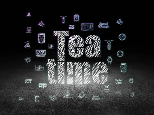 Timeline concept: Tea Time in grunge dark room — Stock Photo, Image