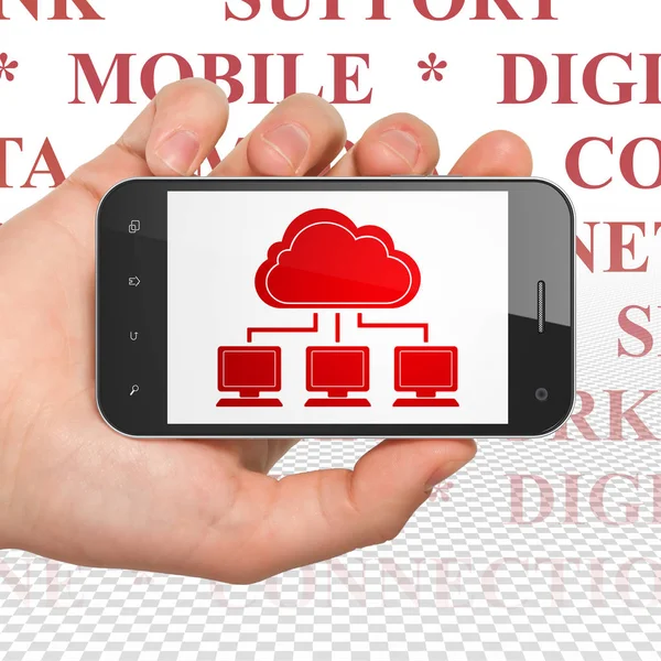 Cloud computing koncepce: ruka držící Smartphone s cloudové sítě na displeji — Stock fotografie