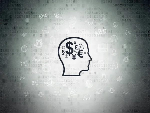 Lernkonzept: Kopf mit Finanzsymbol auf digitalem Datenpapier-Hintergrund — Stockfoto