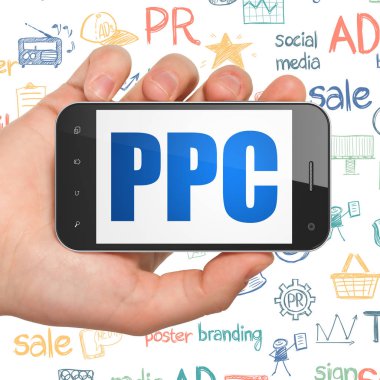 Reklam kavramı: el Smartphone ile Ppc ekranda Holding