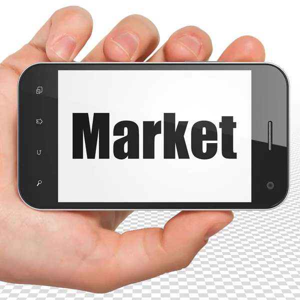 Reklamkoncept: Hand hålla Smartphone med marknaden på displayen — Stockfoto
