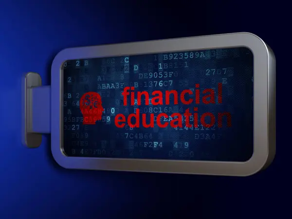 Concepto de estudio: Educación Financiera y Jefe con Símbolo de Finanzas en el fondo de la cartelera — Foto de Stock